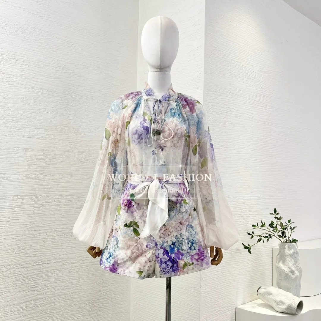 

Silk High Quality Violet Spring Summer 2025 New Floral Print Long Sleeve Ruffles Blouse and Bow Shorts Sets Outfit for Women