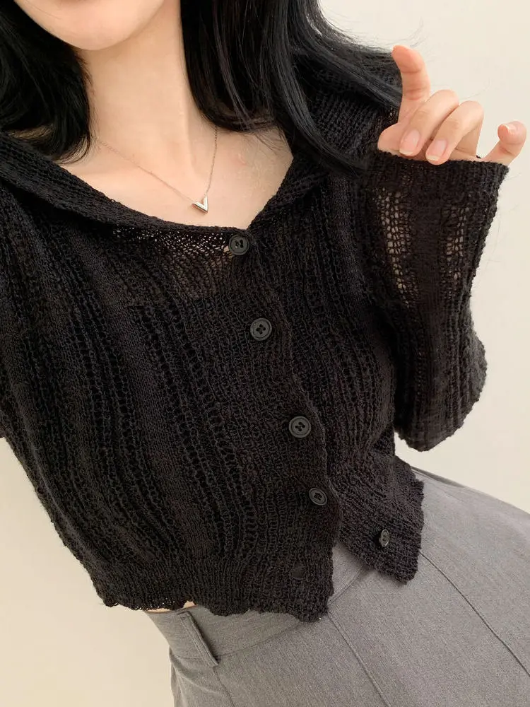 

Slim Fit Ice Silk Knitted Open Cardigan Long Sleeve Hollow out Breathable Lightweight Summer Navy Collar Sweater for Women