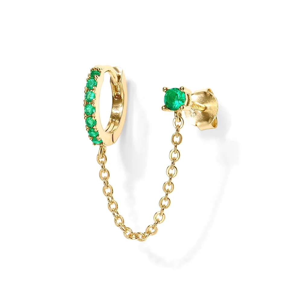 Aide 1pc 925 Sterling Silver Double Hole Chain Tassel Earrings For Women Fresh Green White CZ Zircon Pave Circle Stud Earring