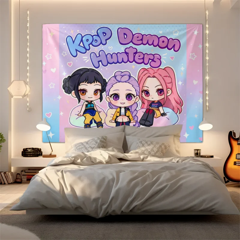 Hasbro KPop Idol Wandteppich, Chibi-Girl-Group-Druck, Wandbehang, rosa, blauer Pastell-Hintergrund, ästhetische Raumdekoration für Schlafzimmer, Wohnheim