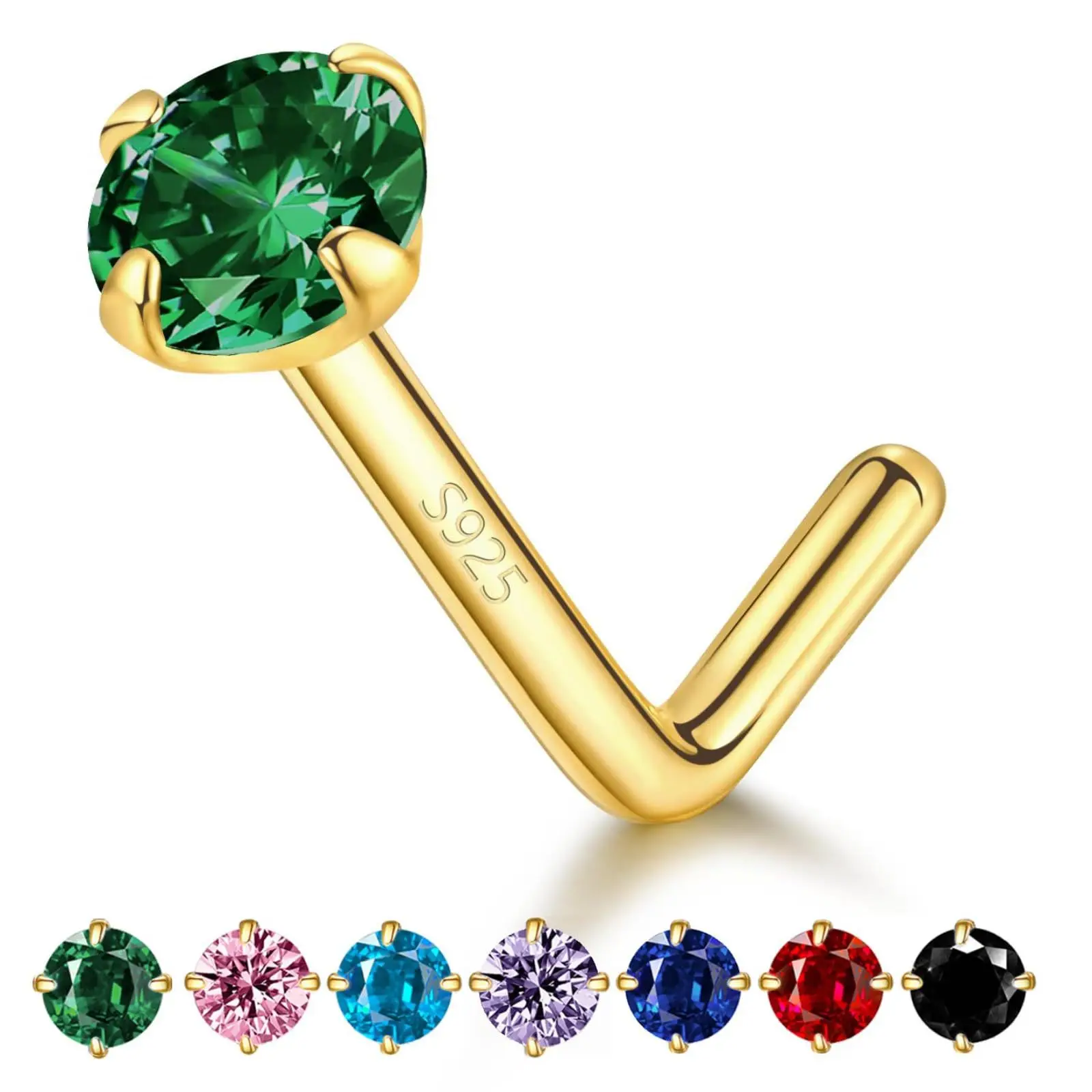 Decoración de nariz de plata de ley S925, perno de nariz europeo y americano, varilla en L, diamante redondo, joyería para piercing de nariz de cuatro garras