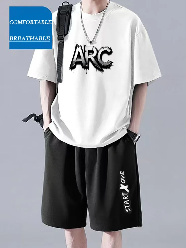 

2025 New Summer Men's Set: Breathable and Comfortable Outdoor Jogging Thin 2-piece Set + Casual Printed Short-sleeved T-shirt