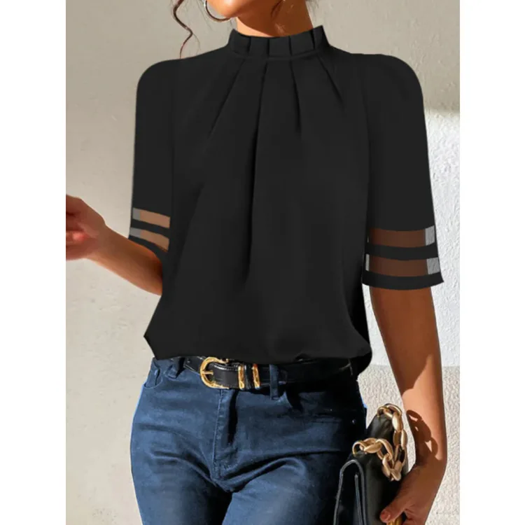 Women\'s Fashion Black Short-sleeved Shirt Ladies Elegant Casual Turtleneck Top Simple Shirts Women Clothes Summer New 2025