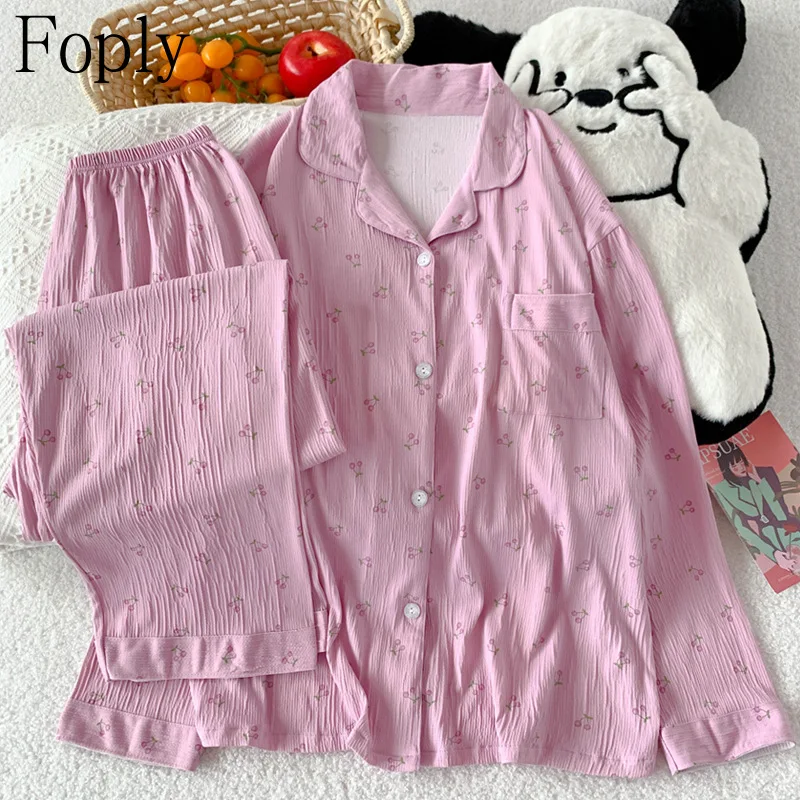 

Sweet Cherry Woman Pajama Set Spring Summer 2 Piece Clouds Cotton Pyjama Sleepwear Long Sleeve Pants Pijama Mujer Pjs Loungewear