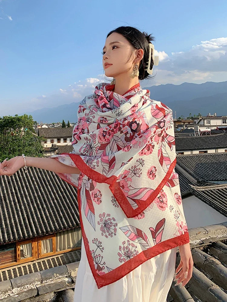 

Новый элегантный женский шелковый шарф, пляжная шаль с милым цветочным принтом, солнцезащитный крем, бандана, хиджаб Mujer, длинный шарф для отдыха в стиле бохо, парео