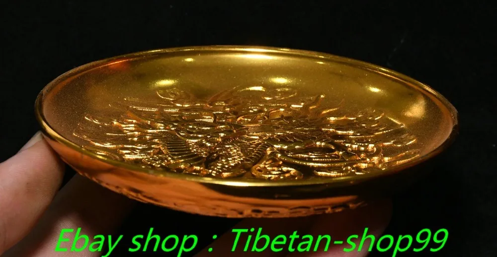 4.1"Old CHinese Dynasty Bronze Gilt Kylin Dragon unicorn Beast Tray Dish Plate view 5