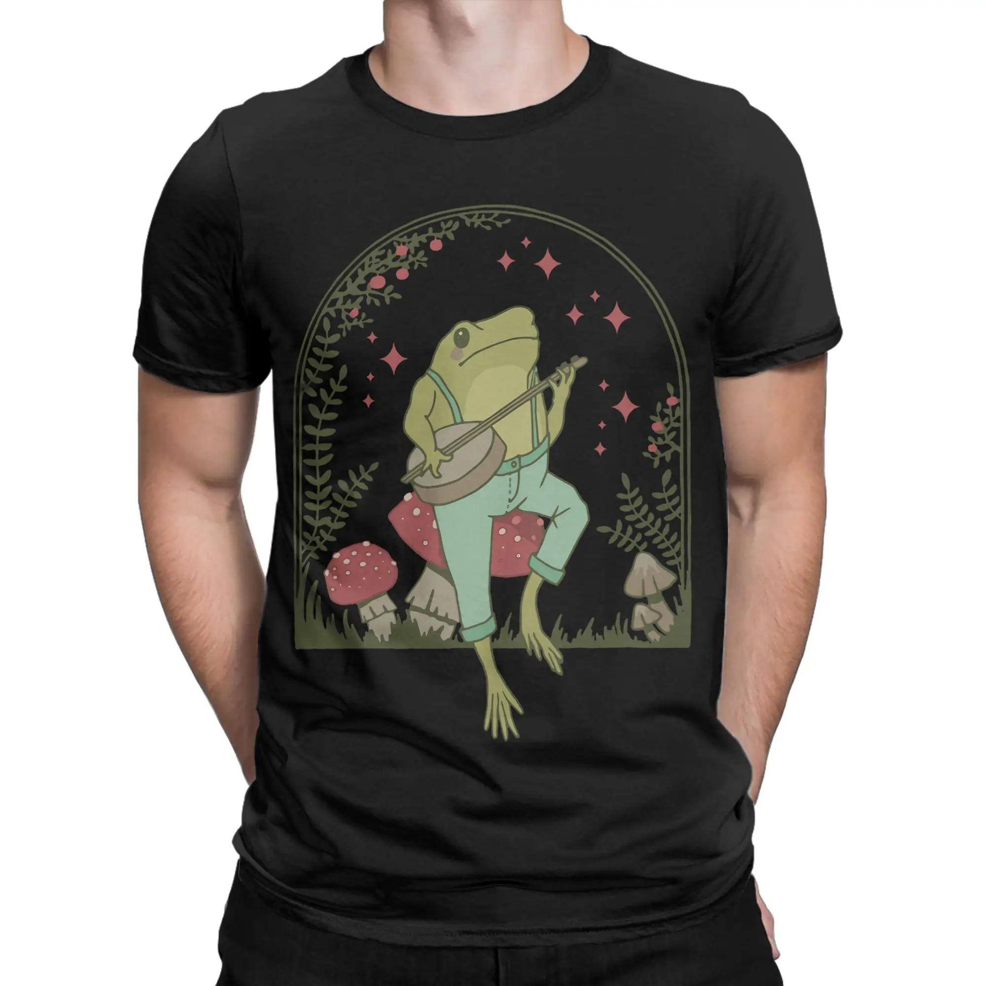 Cute Cottagecore Aesthetic Frog sitting on Toadstool T Shirts for Men 100% Cotton T-Shirt O Neck Tee Shirt Short Sleeve Clothes