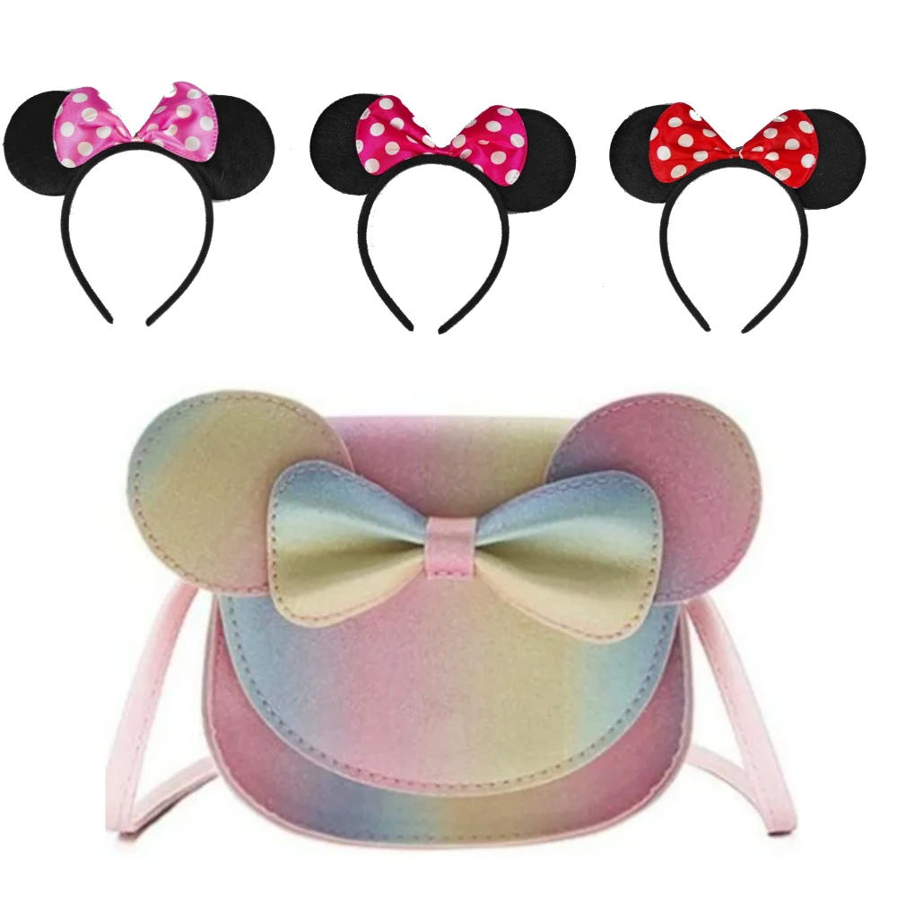 

Набор из 4 предметов: Детская сумочка через плечо с ушками Минни и бантом, милые розовые ушки Минни, повязка на голову, аксессуары для волос. Подарки для девочек.