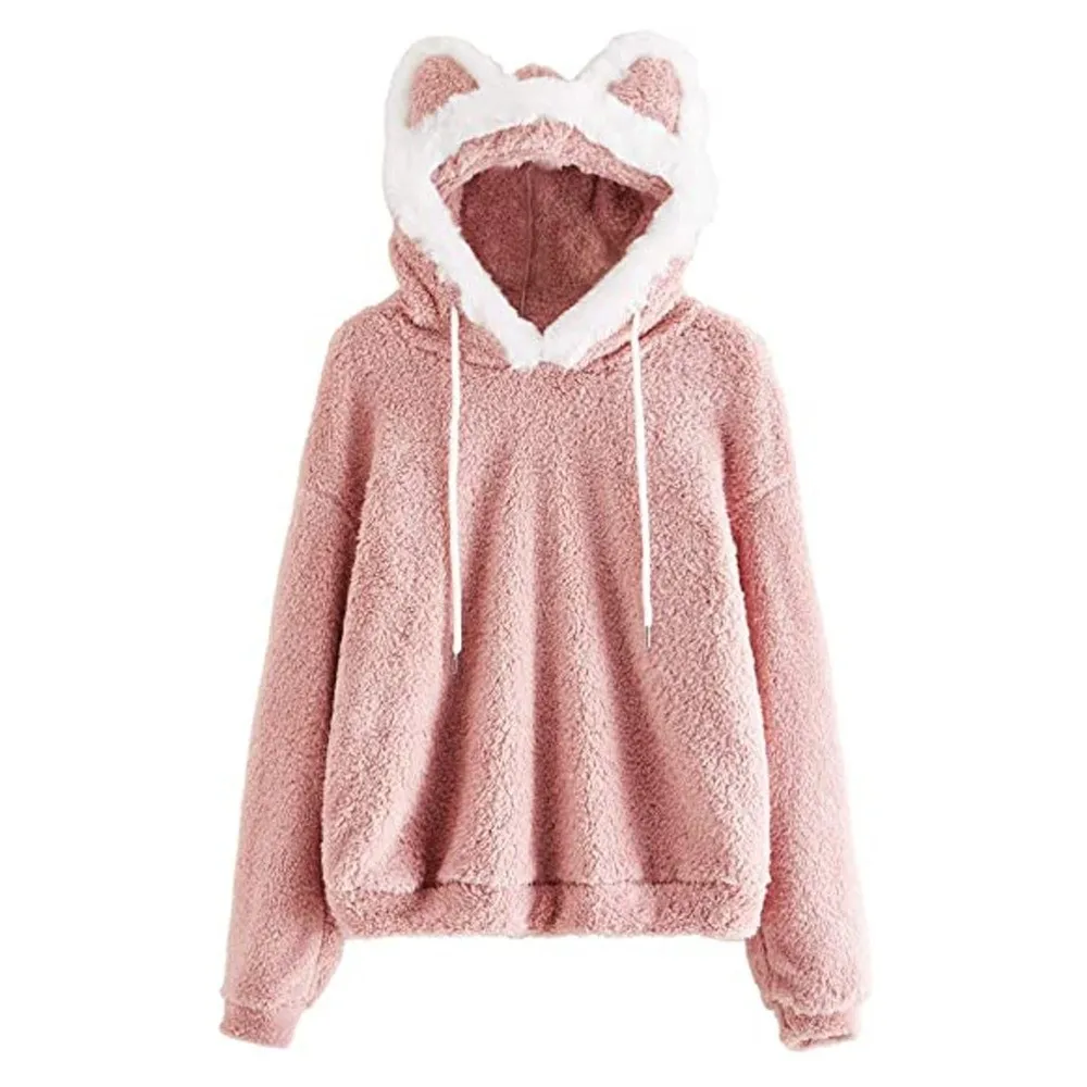 Lässiger Langarm-Kapuzenpullover mit Katzen- und Bärenohren, einfarbige Oberbekleidung, Kapuzenpullover mit 3D-Tierohren, flauschiger Fleece-Sweatshirt, Street-Style-Oberteil – Detail 4
