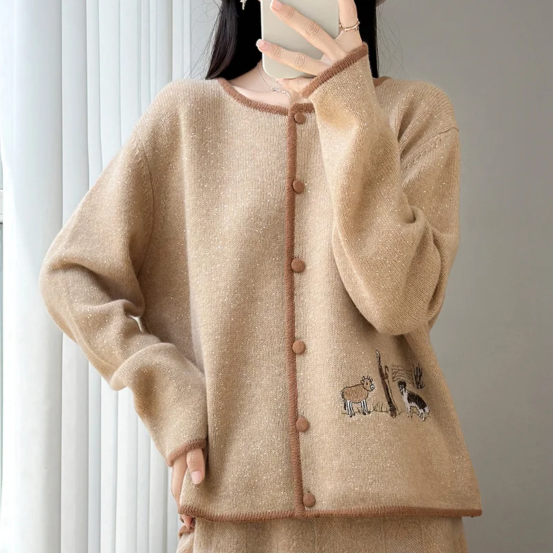 Autumn Women's 100% Merino Wool Cardigan Sweater O‑Neck Contrast Binding Whimsical Animal Embroidery Playful Knit Outerwear 4