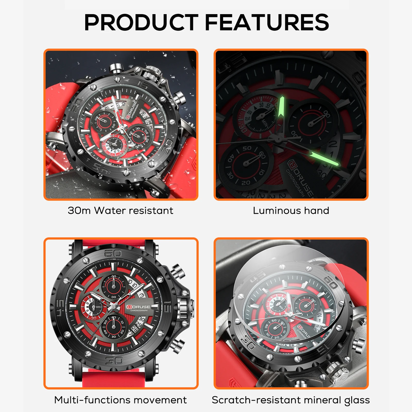 BORUSE New Student Men Style Silicone Sport Water Luminous Resistant Date High Quality Chronos Men Wrist Watches For Gifts