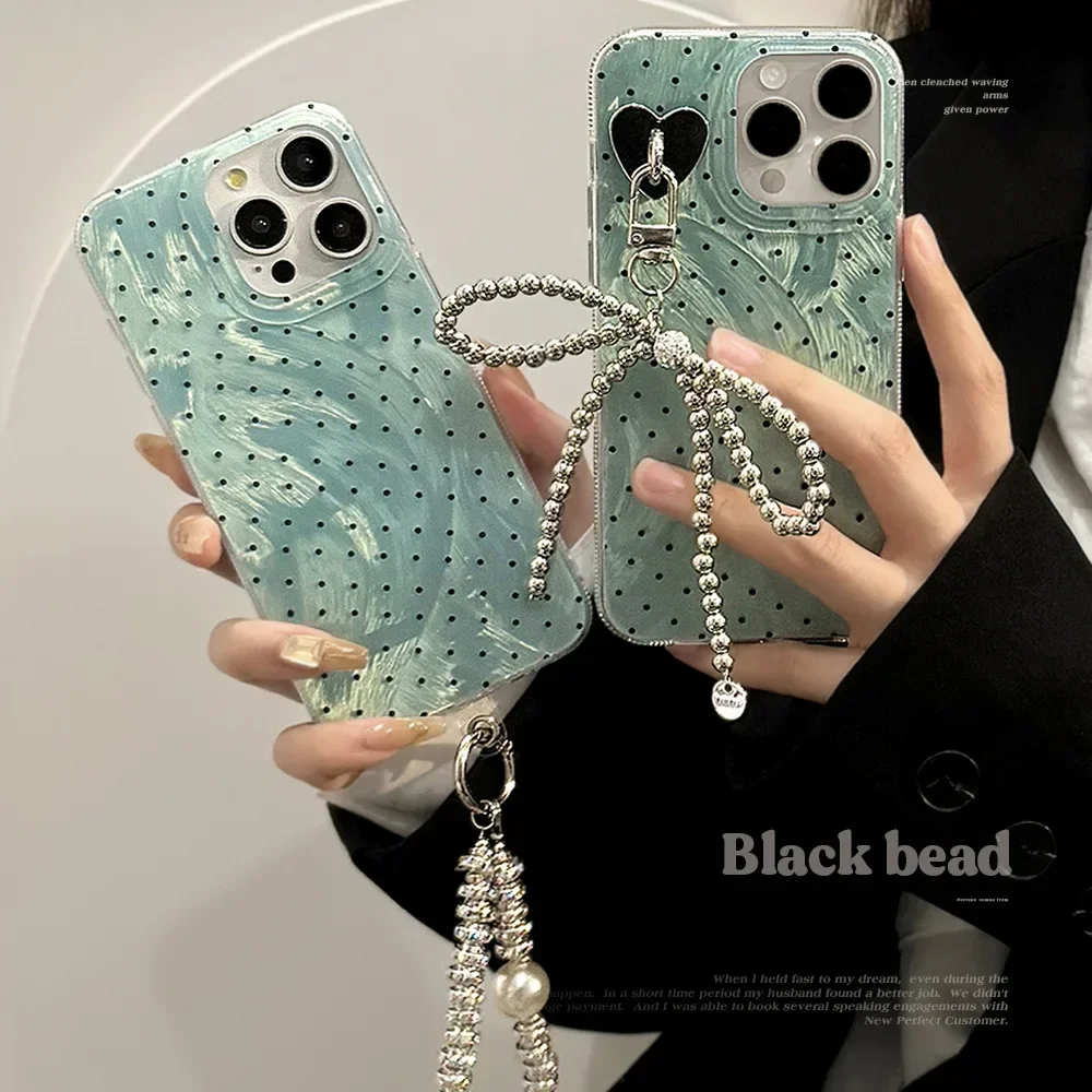 Ins Style Bow Decoration Mint Green Polka Dot Phone Case for IPhone16 15 14 12 13 11 Pro ProMax Plus X XR Shockproof Phone Cover