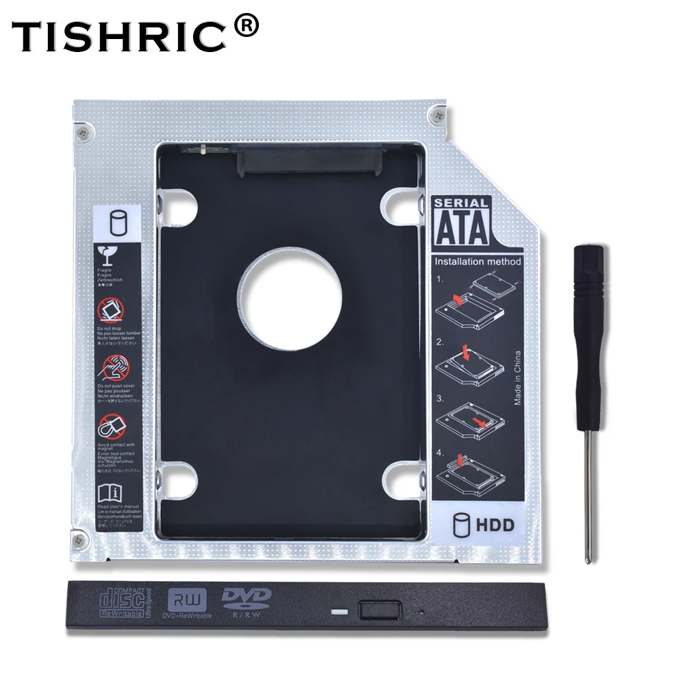 TISHRIC Aluminum 2nd Second Hdd Caddy 9.5mm 12.7mm Optibay SATA 3.0  2.5'' SSD DVD CD-ROM Enclosure Adapter Hard Disk Drive Case