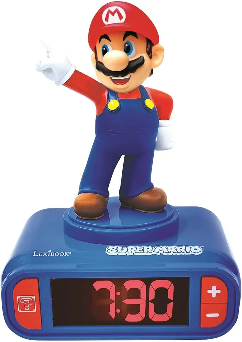Reloj Despertador con Luz Nocturna de Super Mario, con Sonidos, Melodías, Pantalla LCD Retroiluminada, Función de Repetición Luminosa en Rojo/Azul