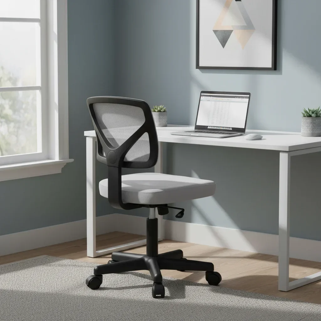 人間工学に基づいたメッシュアームレスオフィスチェア、ホイール付き回転式コンピュータデスクチェア、ローバックランバーサポート、グレー