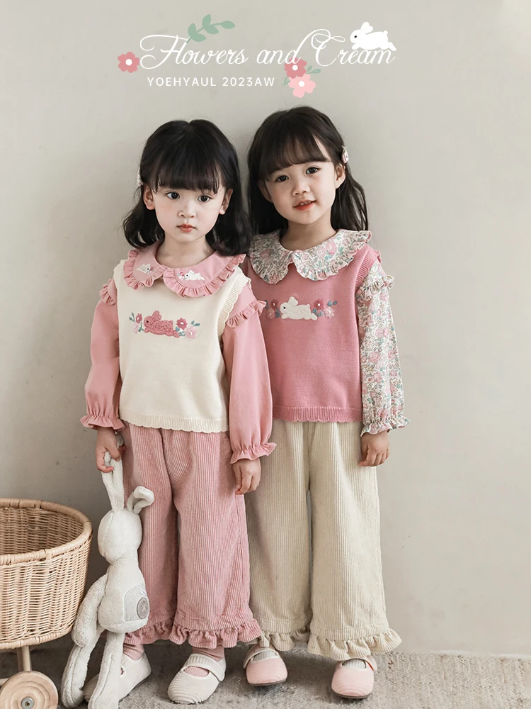 2023 Autumn Girs Cute Sweet Long Sleeve Lapel Printing Dress Rabbit Coat Shorts Sets