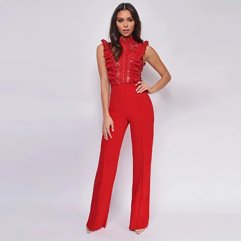 

High-necked Fashion Straight Jumpsuit Solid Color Temperament Lace Crochet Sleeveless Jumpsuit Spring And Summer New Design Wome