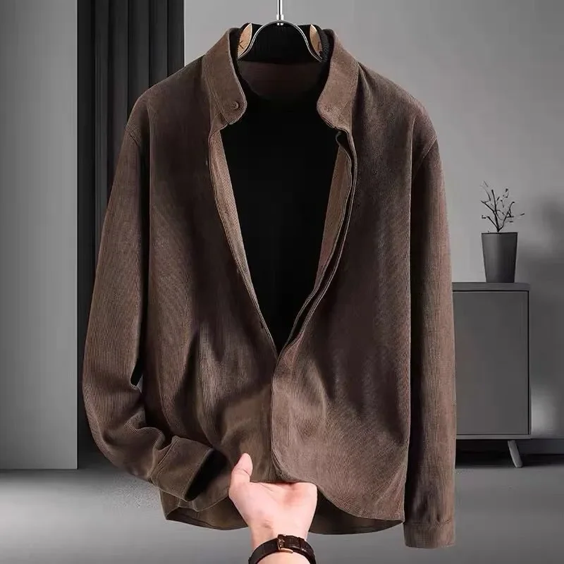 Men's Autumn‑Winter Stand‑Collar Thickened Wool‑Like Shirt, Business‑Casual Handsome Warm Inner Base‑Layer Top