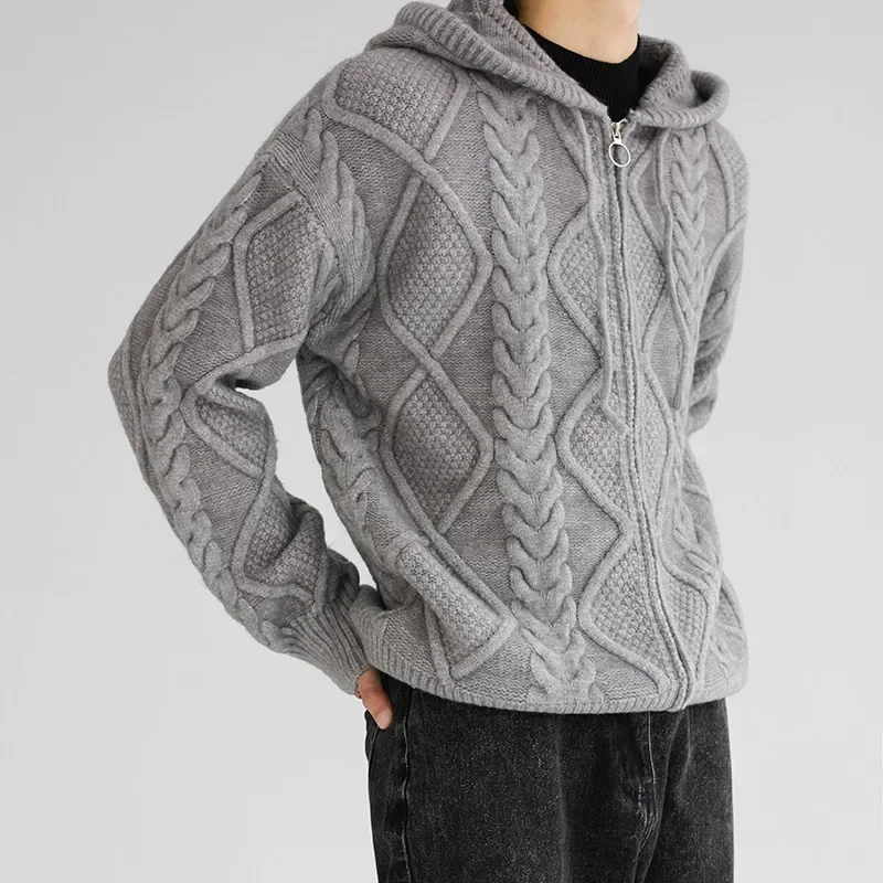 

Мужской кардиган с капюшоном, осенне-зимняя утепленная вязаная куртка на молнии, повседневная спортивная кофта с длинными рукавами, трикотажная одежда, мужской свитер