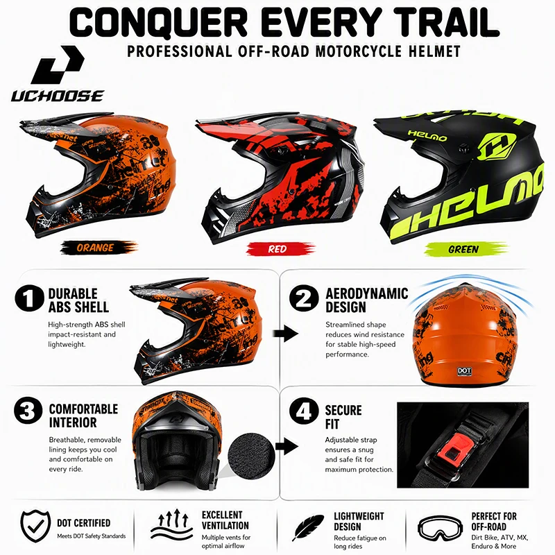 Casco de Motocross UCHOOSE, Casco Integral para Motocicleta Todoterreno, Casco para Motocross, ATV, Descenso y Carreras con Gafas de Motocross