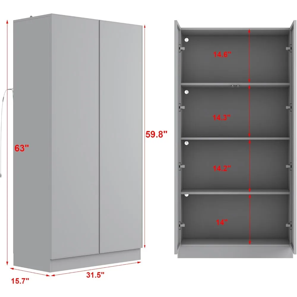 Bookcase Bookshelf with 4-Tier Shelves, 2 Glass Doors and LED Lights, Wooden Display Storage Cabinet for Home Office,Living Room