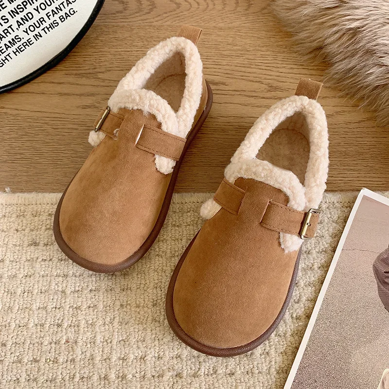 2024Winter Retro Women's Lamb Wool Shoes Warm Fur Flat Loafers Women Outdoor Waterproof Ankle Boots Lazy Moccasin Driving Shoes