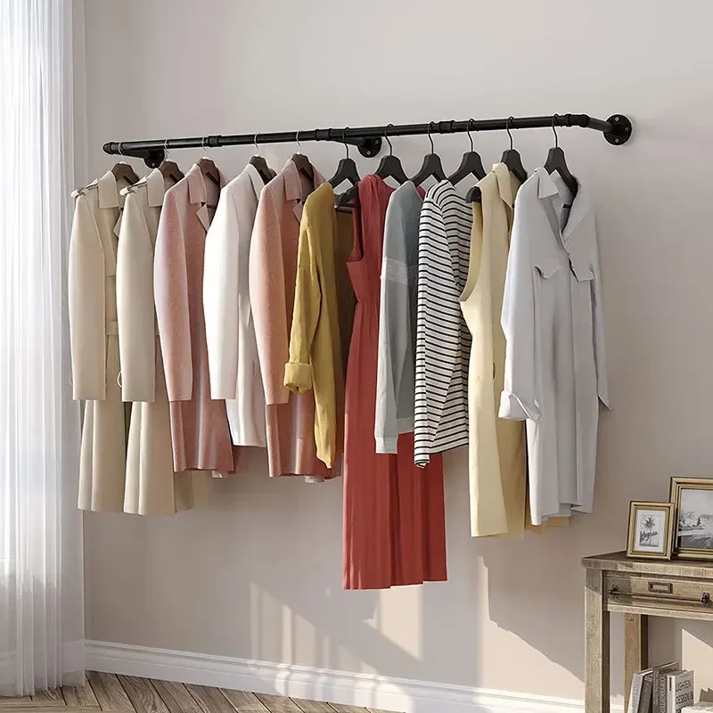 Bedroom Garment Home Rail Wall-Mounted Industrial Pipe Clothes Rack Multipurpose Hanging Shelf with Hooks Organizer