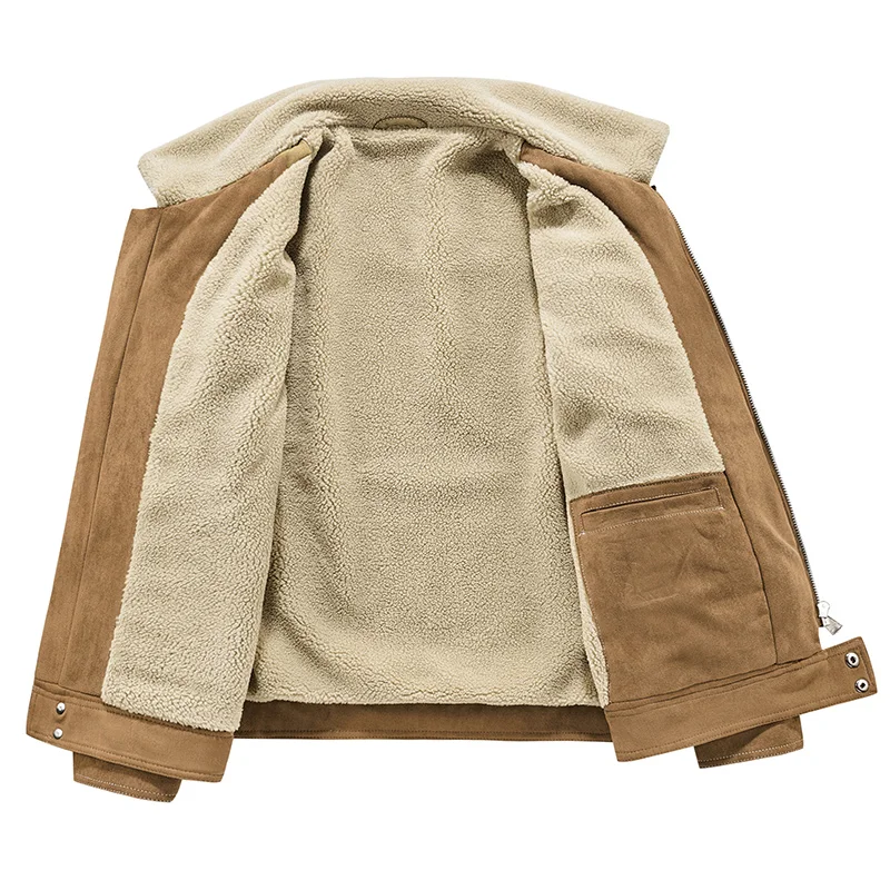 سترة رجالية عصرية من جلد الغزال مع بطانة من الصوف معطف عالي المرونة ومضاد للتجاعيد سترة شتوية بقصة ضيقة