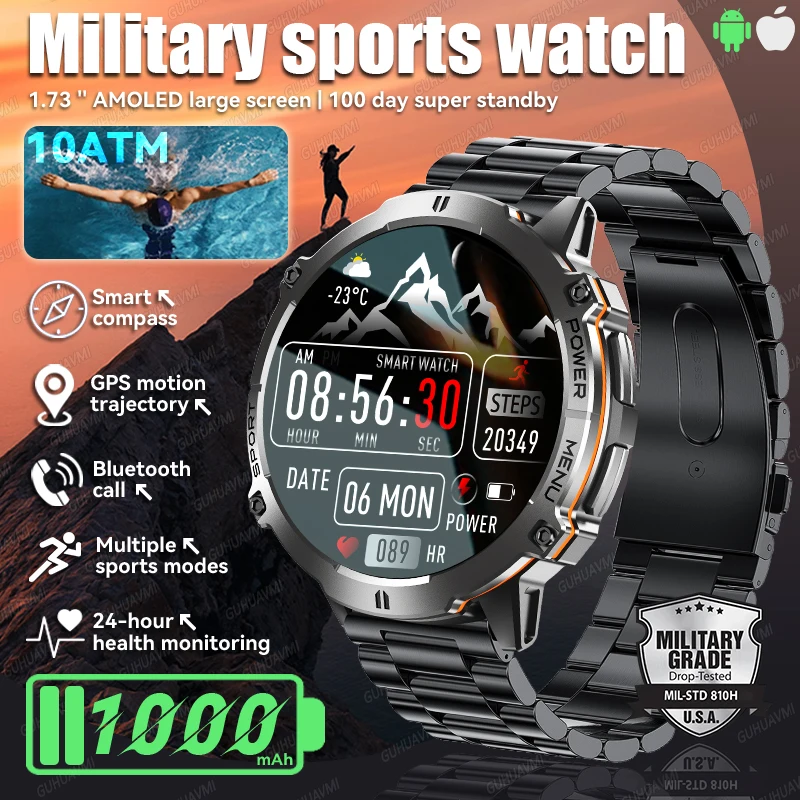 

1000Mah Battery 1.73" AMOLED Screen Military SmartWatch 10ATM Waterproof Compass Altimeter Health Sports Trackr Smartwatch Men