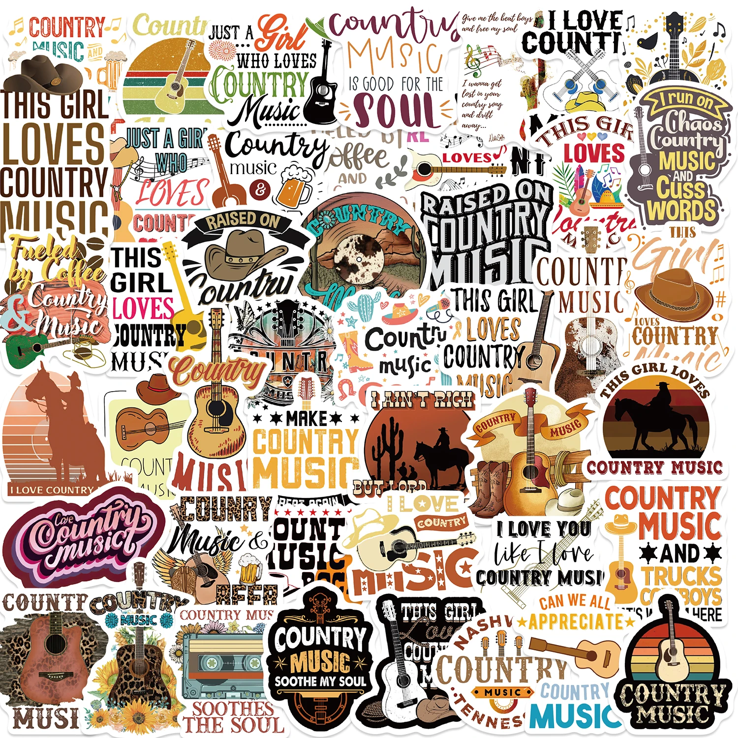 50Pcs Country Music Stickers Inspirational DIY Waterproof Sticker For Phone Notebook Guitar Car Bike Wall Graffiti Decals