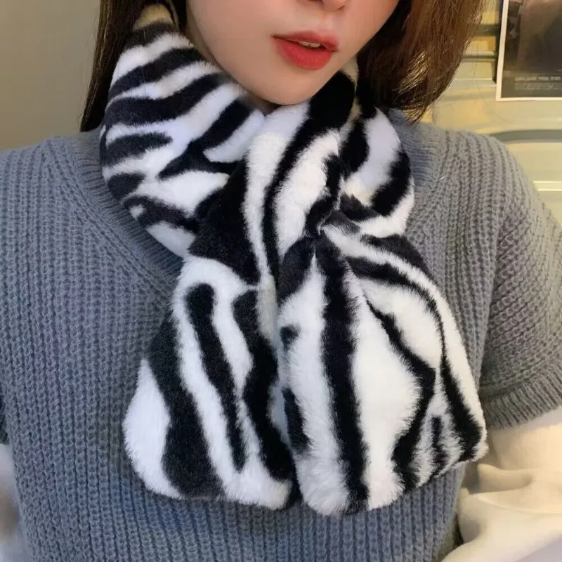 FANAN New Imitation Rabbit Fur Women Scarf Elegant All-Match Hair-Resistant Skin-Friendly Cold-Resistant Warm Striped Scarf