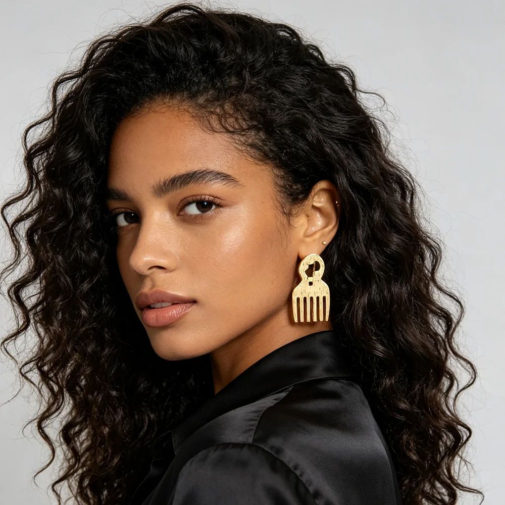 18K vergoldetes afrikanisches Kamm-Ohrringe- & Ring-Set für Damen, gebürsteter, strukturierter ethnischer Statement-Schmuck, Hochzeitsgeschenk – Detail 3