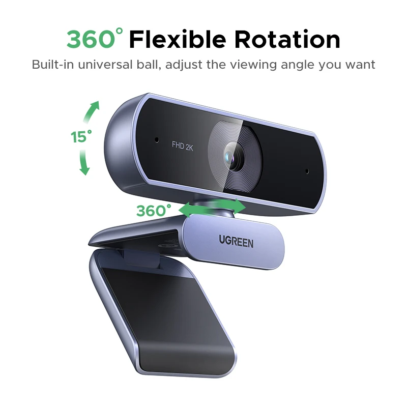 Веб-камера UGREEN 2K с микрофоном, веб-камера Full HD USB, автоматическая коррекция освещенности, видеовеб-камера для потоковой передачи