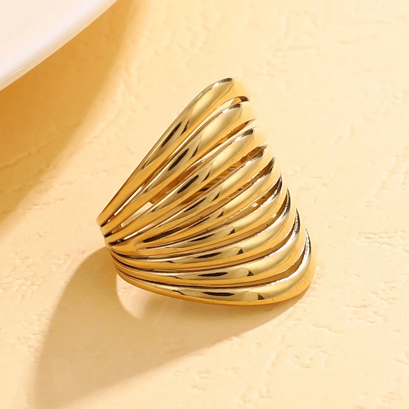 DLHP Stainless Steel Geometric Hollow Multilayer Wide Rings For Women Gold Plated Simple Smooth Open Rings Fashion Jewelry Gifts