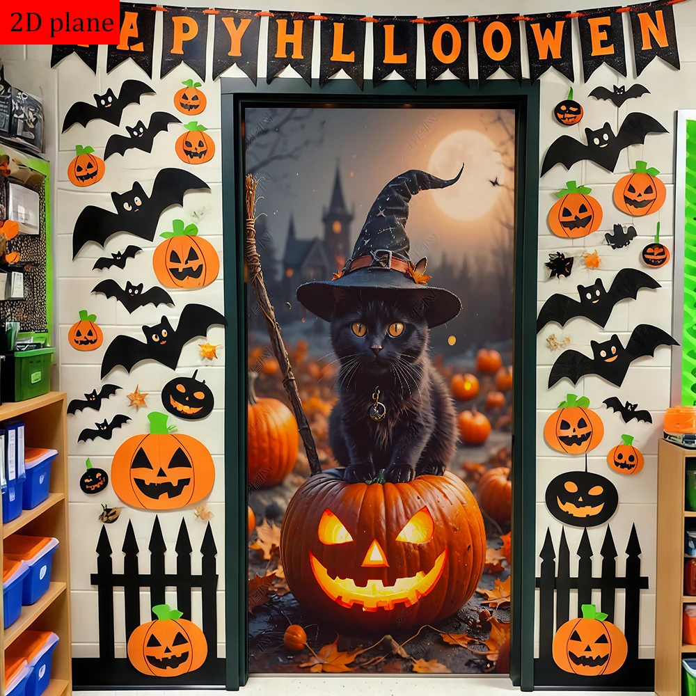black cat witch hat jack - o - lantern castle Halloween Door frame decoration with high elasticity elastic band