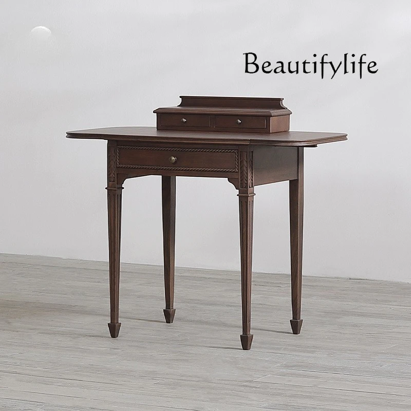 

Medieval replica foldable solid wood small desk, retro brown bedroom dresser multi-purpose table, designer furniture