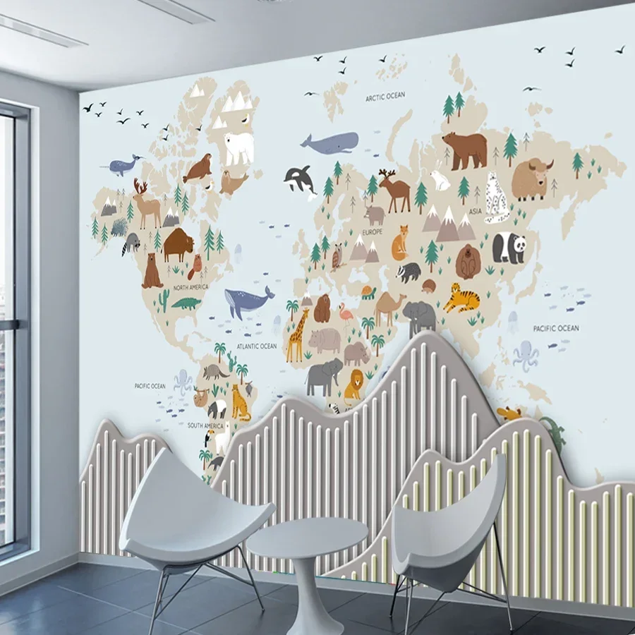 Custom Removable Self Adhesive Wallpapers Accept for Bedroom Walls Cartoon World Map Kids Nursery Wall Papers Home Decor Murals