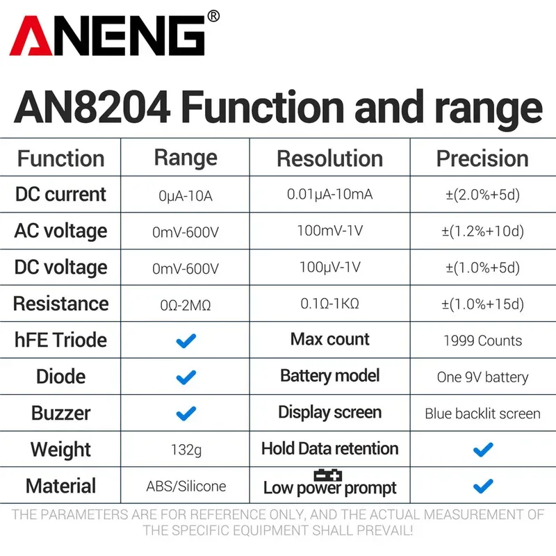 ANENG AN8204 Multimeter 1999 Counts Digital High Precision AC/DC Voltage DC Current hFE Triode Buzzer Multifunctional Test Tools
