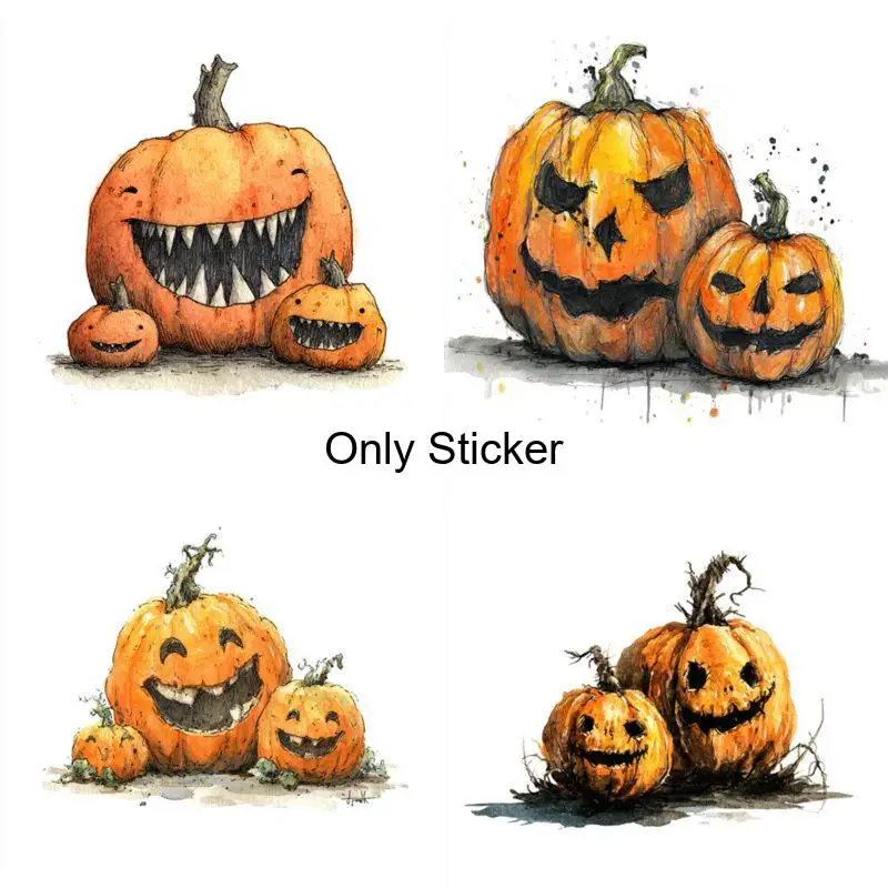1Set 4-in-1 2D Flat Halloween Pumpkin Vinyl Stickers, Waterproof Decal for Car Bumper Motorcycle, Holiday Gift