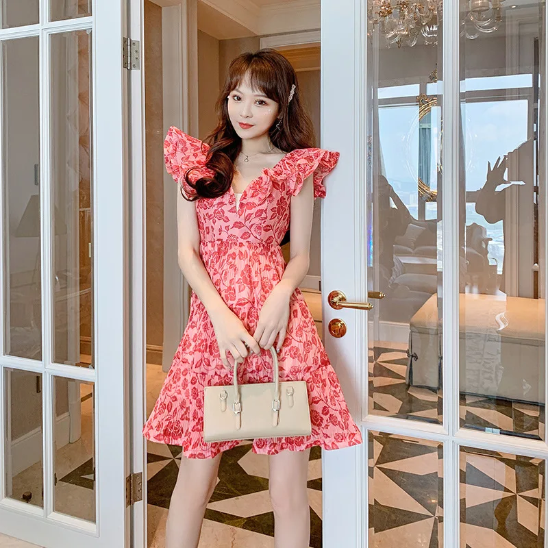 新しいフランス風セクシーでロマンチックなバラ柄の小花プリーツプリンセスドレス、ハイウエストで細見えのAラインドレス