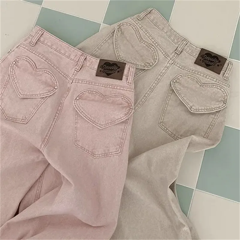 

Spring Autumn Women's Heart Patches Long Wide Leg Denim Pants High Waist Loose Cargo Jeans Female 2025