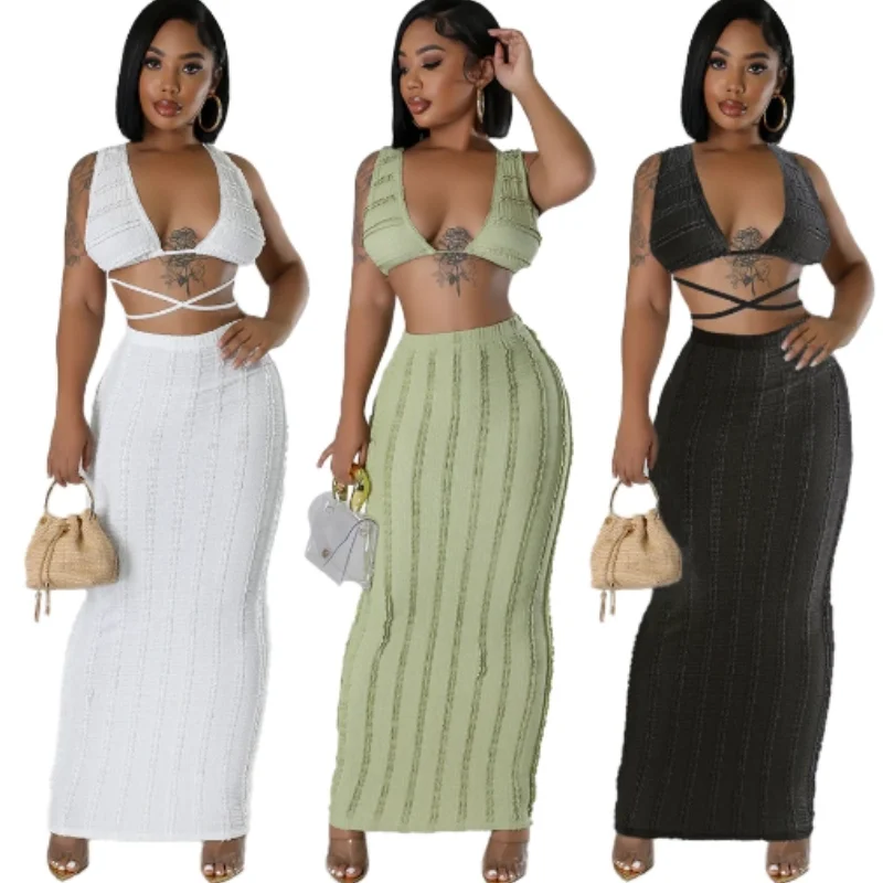 

Fashionable women's chest wrapped tied sexy crop top tight long skirt sleeveless tied backless skirt set