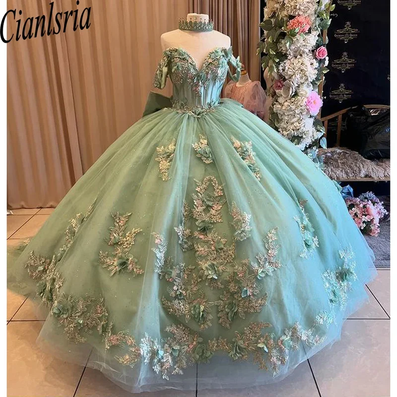 

Green ball gown quinceanera dresses 2025 glitter tulle Sweet 16 evening dress Vestido de 15 años