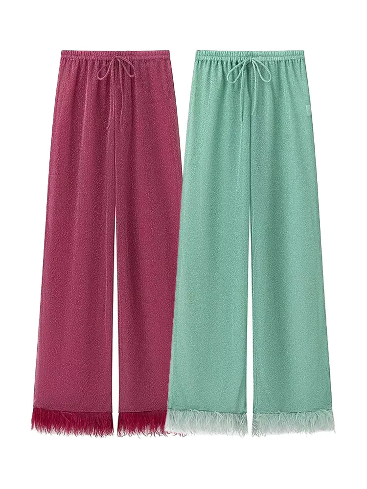 TRAFZA Autumn Female Elastic Waist Drawstring Feather Decorate Solid 2-color Pant Women Niche Design Wide Leg Long Pants Mujer