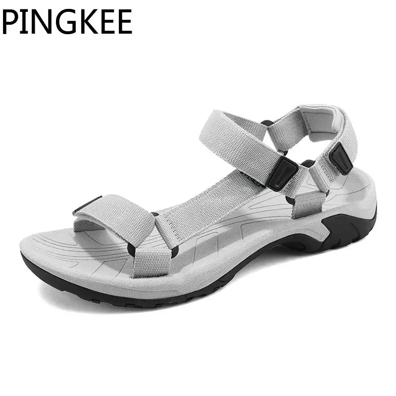 PINGKEE Fabric Upper Adjustable Men Summer Leather Sandals Original Mens Sandals Man Leather Classic Slip on Flat Men\'s Shoes