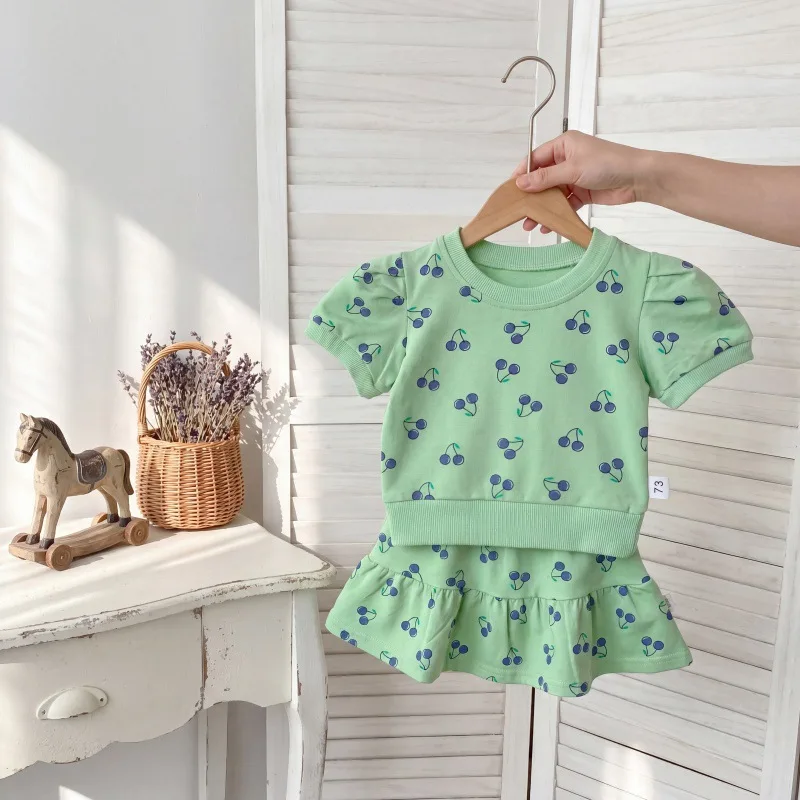 Summer Baby Short Sleeve Casual Clothes Set Cute Girls Cherry Print Tops + Skirts 2pcs Suit Sportwear Toddler Outfits  -125
