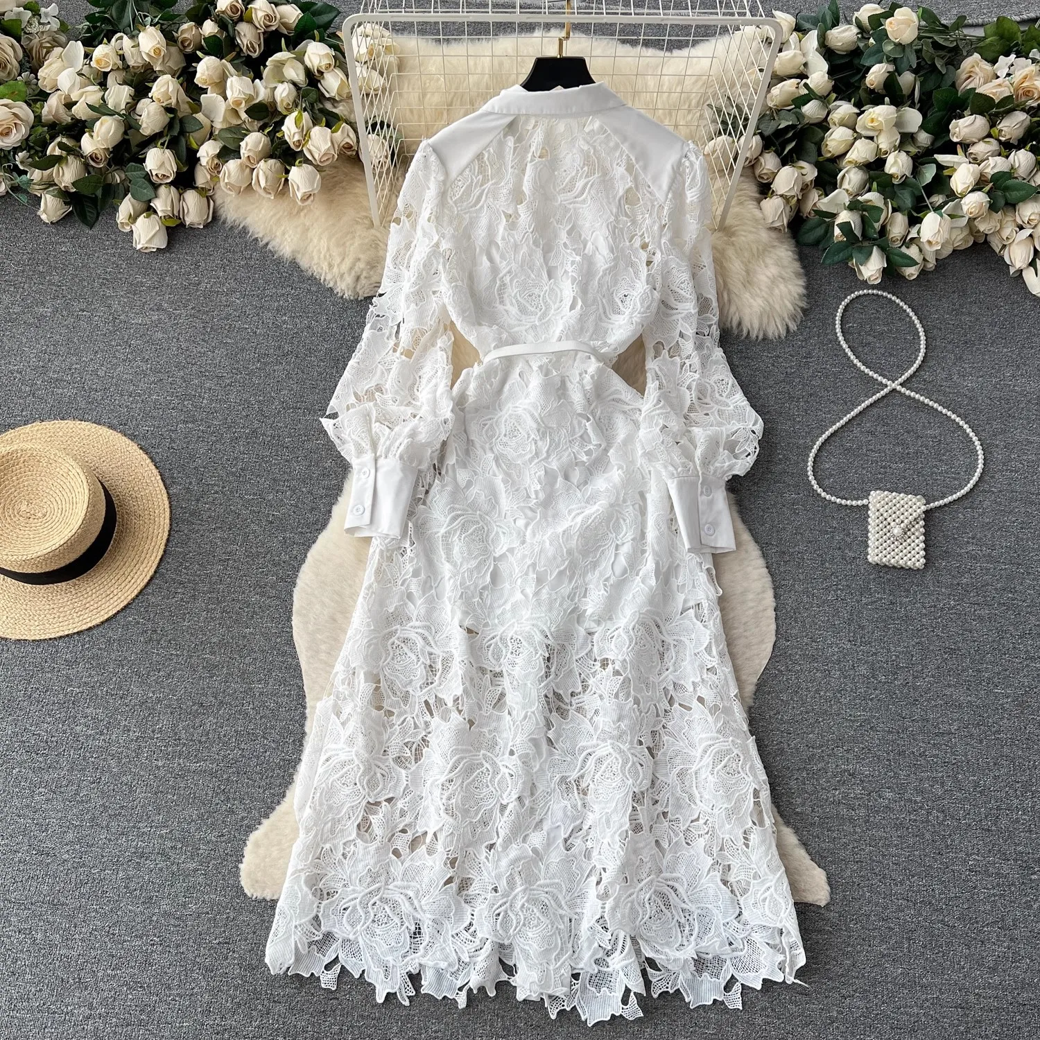 High Quality Luxury Lace Hollow Out Women Spring Summer Turn Down Collar Single Breasted Belt Party Holiday Casual Dresses