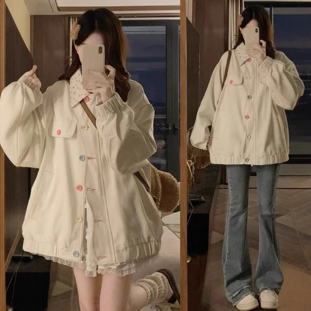 New Fashion College Style Dopamine Style Floral Lapel Jacket Women's Spring and Autumn New Design Loose Coat Top