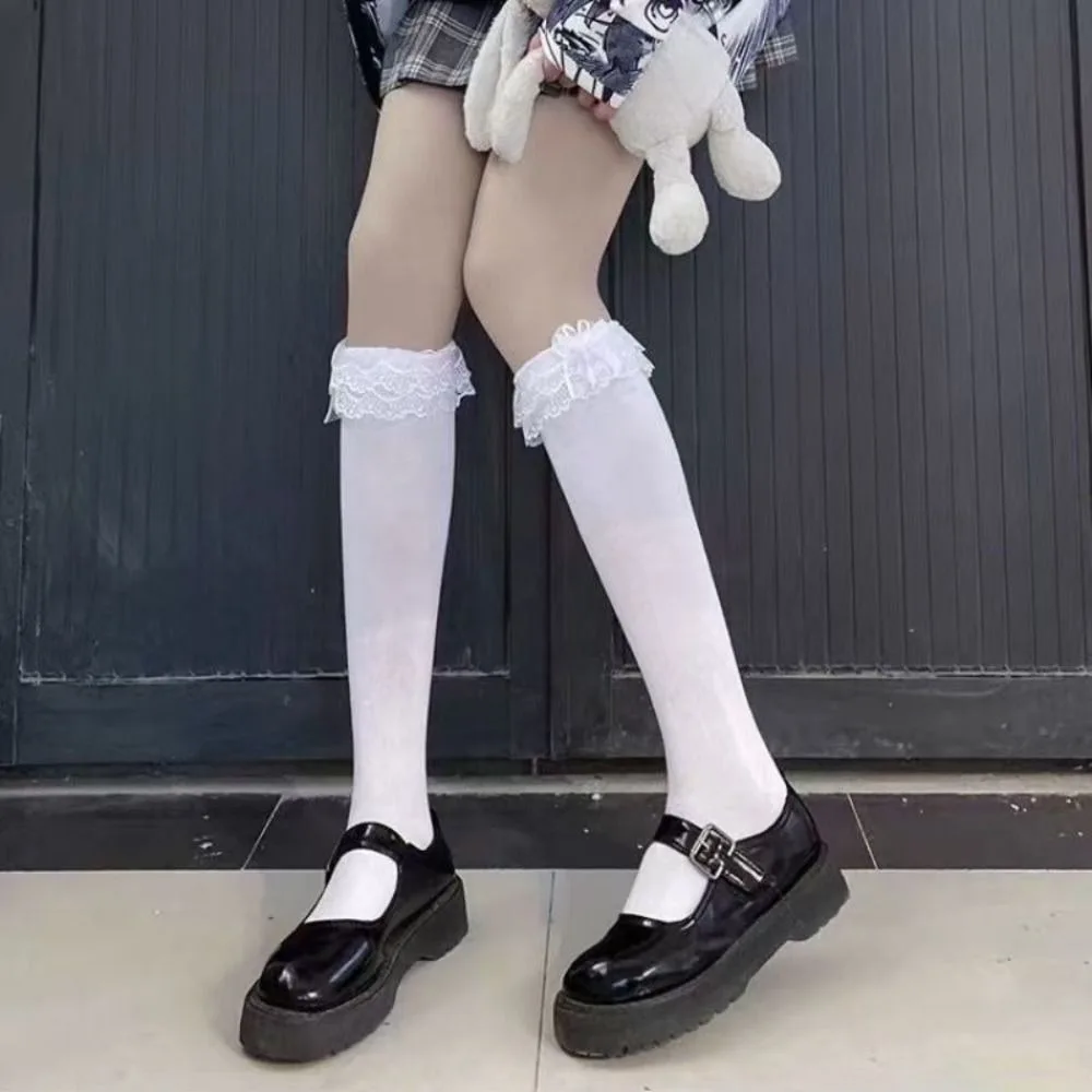 

2Pairs Fashion Ruffle Lace Bowknot Stockings Sweet Streetwear Long Tube Socks Harajuku Lolita JK Stockings for Women Lady