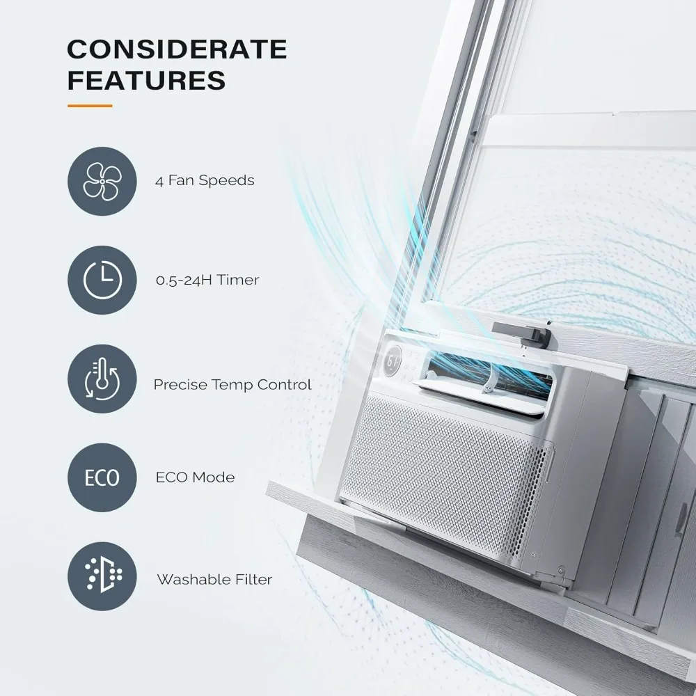 8000 BTU Window Air Conditioner with Remote Control, Timer Function & Pre-Installed Side Panels for Easy Operation Installation